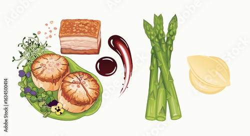 Exquisite gourmet plate illustration featuring seared scallops, pork belly, asparagus and sauce artistry