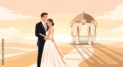 Elegant wedding scene with bride, groom, and decorative gazebo in a serene landscape