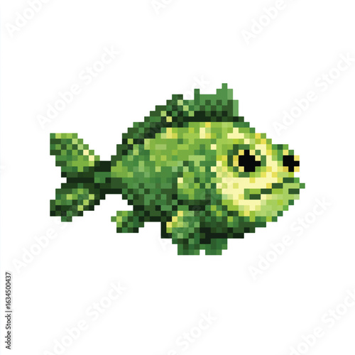 Pixel Art of a Cute Green Fish Swimming - Vector Illustration