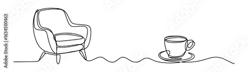 Minimalist armchair and coffee cup line art saucer line drawing