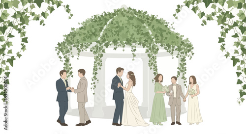 Elegant wedding scene illustration featuring a couple, gazebo, and wedding party