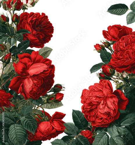 Lush red roses frame a dark void