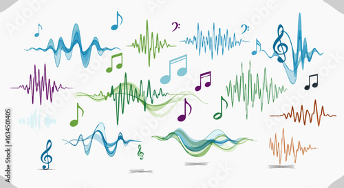 Colorful audio spectrum waves and musical notes for creative design and background visuals, vector illustration for vibrant sound art and melody