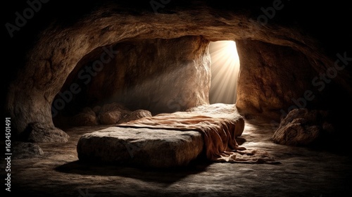 Wallpaper Mural A dimly lit cave interior with a stone bed, illuminated by a shaft of light, creating a serene and mysterious atmosphere. Torontodigital.ca