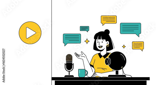 Female podcaster recording a podcast episode with microphone and webcam setup