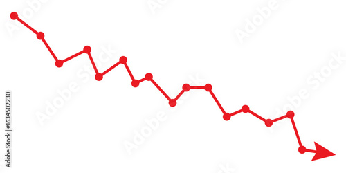 Red chart arrow path with point dots for bear market or financial loss in business, forex market, stocks banner template in transparent background eps 10