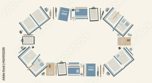 Flat lay illustration of books and stationery forming a frame around an empty space ideal for