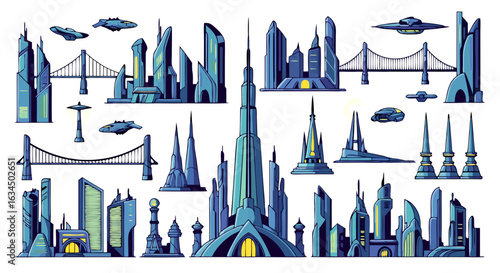 Futuristic Cityscape Elements with Gleaming Architecture and Flying Vehicles Illustration