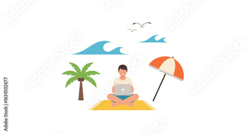 Digital nomad concept showcasing remote work on a beach with laptop and summer elements such as palm tree and umbrella