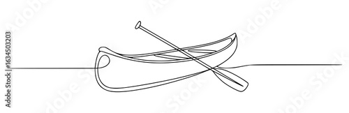 Minimalist black and white line drawing of a canoe with paddle water