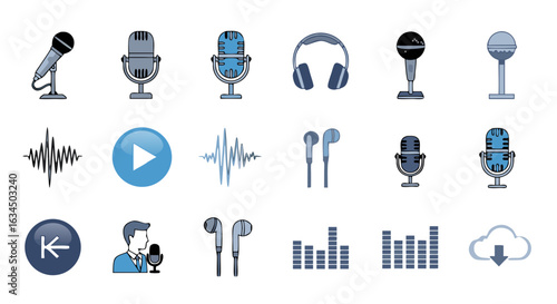 Collection of stylized podcasting and audio icons representing recording listening distribution and sound design for modern technology