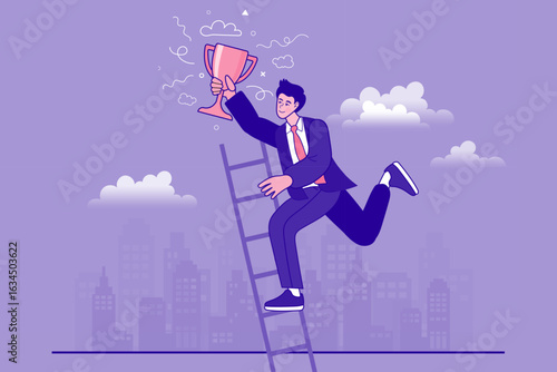 Business achievement and victory concept. A successful executive reaches the top and receives a prize, symbolizing long-term success and reward.