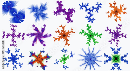 Assorted Fractal Shapes Vividly Colored with Symmetrical Patterns Against Plain Backdrop Art Design Abstract Background Creative Illustration