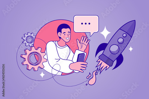 Startup launch concept. A young entrepreneur uses mobile technology and an innovative idea to develop and launch a new business, symbolized by a rocket.