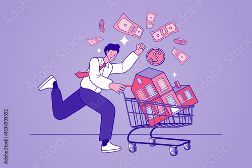 Real estate investment concept. A happy man pushing a shopping cart with houses, symbolizing a successful property purchase and mortgage.
