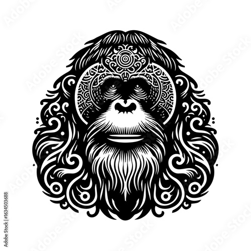 Detailed orangutan head with intricate patterns isolated on white background