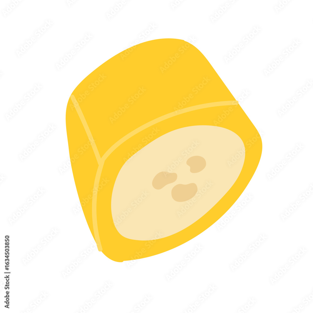 Fototapeta premium Cut piece banana fruit, isolated on a white background, vector illustration. Design element for posters, banners, packaging. Sweet tropical exotic fruit. 