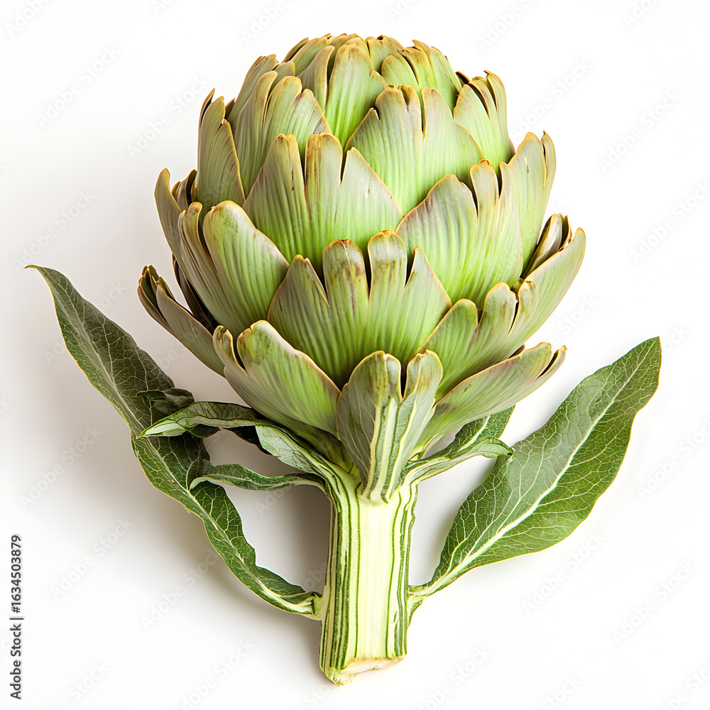 Obraz premium A fresh green artichoke with leaves is beautifully displayed on a plain white background, showcasing its intricate texture and natural beauty in a still life, isolated.