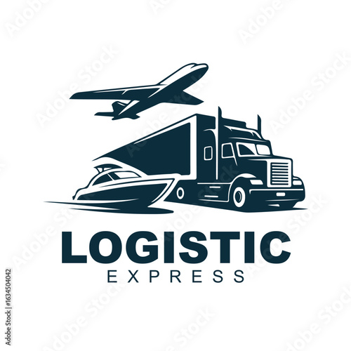 Multimodal Logistic Express Logo Design Featuring Truck, Plane, and Ship for Global Transport and Delivery Services