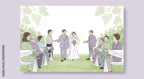 Illustration of a beautiful outdoor wedding ceremony with guests and happy couple