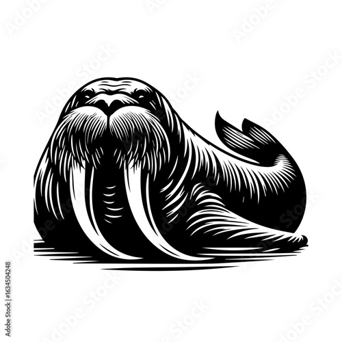 Monochrome walrus with large tusks isolated on white background, lying down