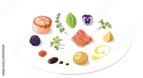 Culinary Ingredients Composition Displaying Freshness and Variety in Elegant Plate Presentation