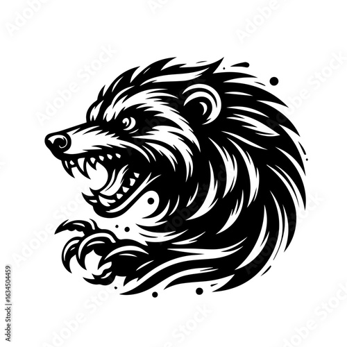 Ferocious wolverine animal head with sharp teeth isolated on white background