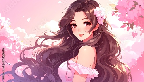 Smiling girl with long hair and flowers