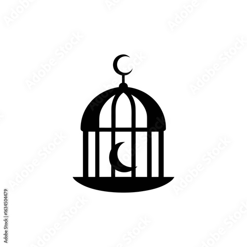 Silhouette of a birdcage with moon inside on white background for dream concept art