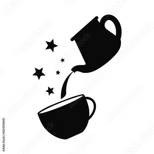Silhouette of a cup pouring stars instead of tea for magical or dream beverage art