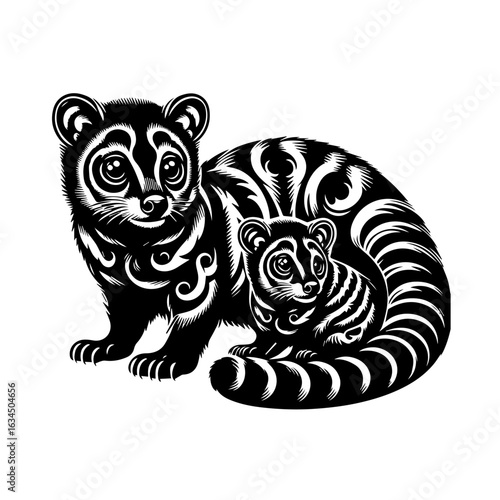 Genet with its cub isolated on white background, a beautiful and graceful animal