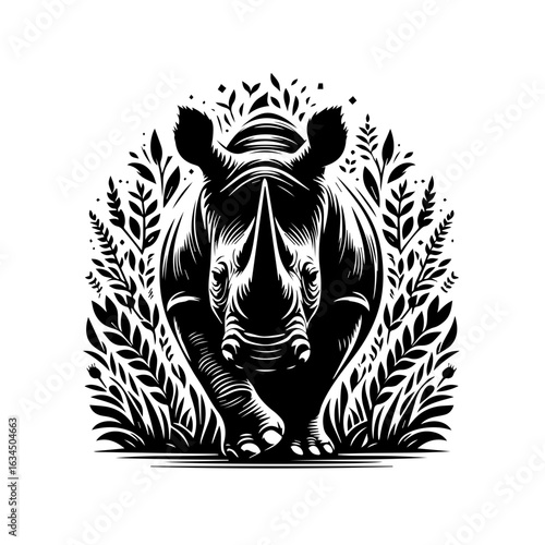 Rhino in a field of plants isolated on white background, a majestic animal