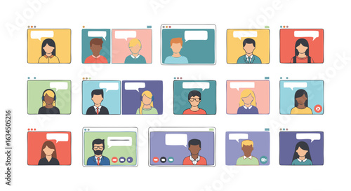 Diverse individuals connecting virtually through video calls, fostering global conversations and collaboration across various screens, creating