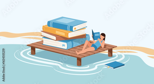 Illustration of a woman reading a book on a floating dock surrounded by water and books for