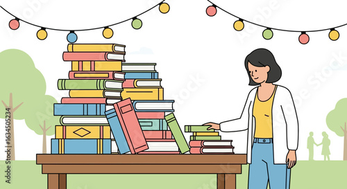 Illustration of a woman sorting books at an outdoor book fair with festive lights strung above the
