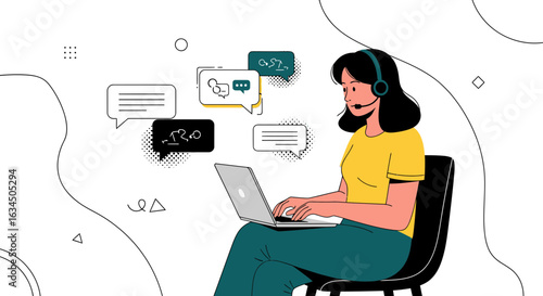 Illustration of a woman with headset working on laptop with speech bubbles around, support and
