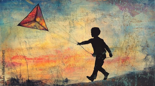 Joyful child flying a colorful kite at sunset, capturing the essence of childhood freedom, imagination, and the beauty of outdoor play in a vibrant and artistic landscape