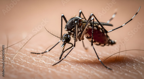 Wallpaper Mural Macro Close-up of a Blood-Filled Aedes Aegypti Mosquito Resting on Human Skin, a Vector for Dangerous Diseases Torontodigital.ca