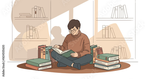 Illustration of a young man reading a book surrounded by bookshelves in library or home