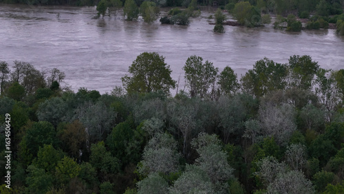 Fototapeta Naklejka Na Ścianę i Meble -  Aerial view of a swollen river overflowing its banks inundating the surrounding lush green countryside and trees in Castelvetro Piacentino Italy