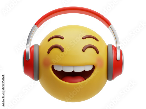 Joyful yellow emoji face with closed eyes and wide open mouth wearing red headphones isolated on transparent background