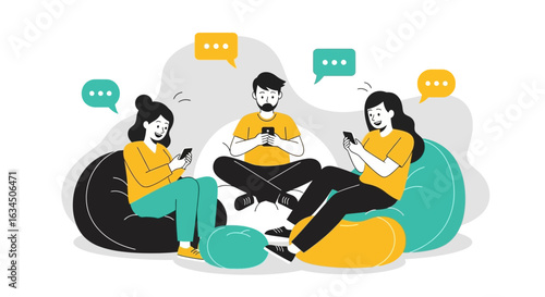 Illustration of young adults using smartphones on beanbags representing digital communication and