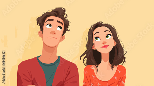 Anime-style young man and woman looking up and impressed. Flat design vector illustration