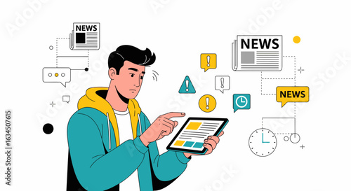 Man reading news on tablet with notifications and updates in digital age