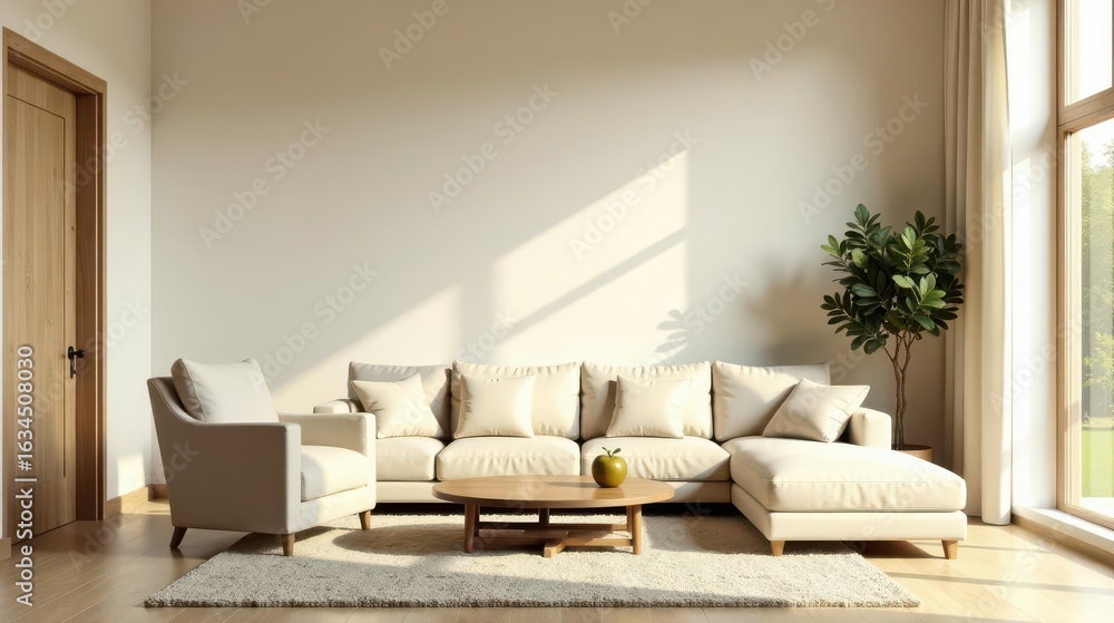 Fototapeta premium Serene Living Room Interior Design with Neutral Tones and Sunlight Streaming Through a Window, Featuring a Comfortable Sectional Sofa and Armchair