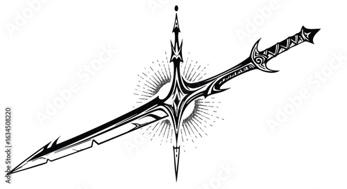 Vector Illustration of Ornate Dagger with Abstract Line Art Style in Monochrome Colors