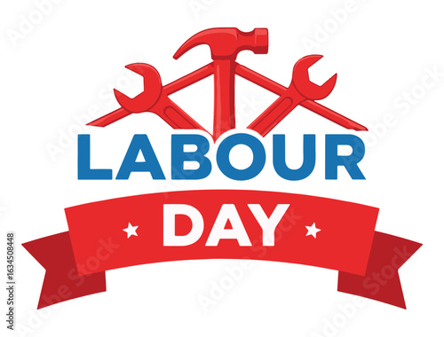 Labour Day Emblem with Red Tools and Blue Text