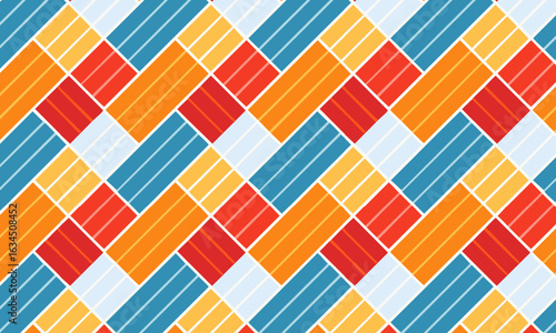 Geometric seamless pattern with colorful striped weave, Abstract diagonal lattice vector background