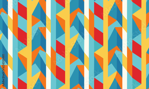 Abstract seamless pattern with colorful vertical stripes and 3D shapes, Modern geometric vector background