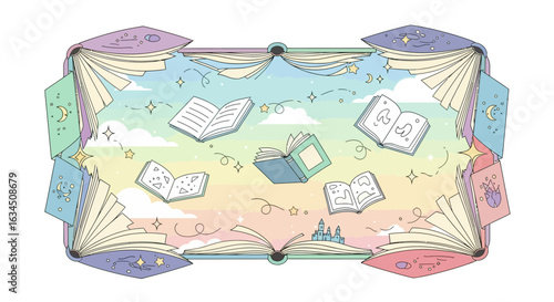 Open books forming a frame with magical pastel sky background illustration